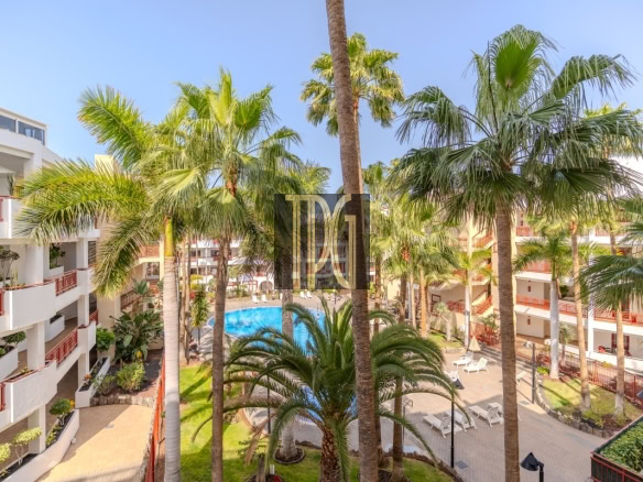 Resort courtyard with tall palm trees surrounding a blue swimming pool and white balconies of hotel rooms on either side.