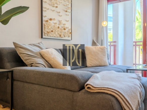 Cozy modern living room with a gray sectional, cream pillows, and a beige throw blanket on a glass coffee table nearby, plus a potted plant and wall art.