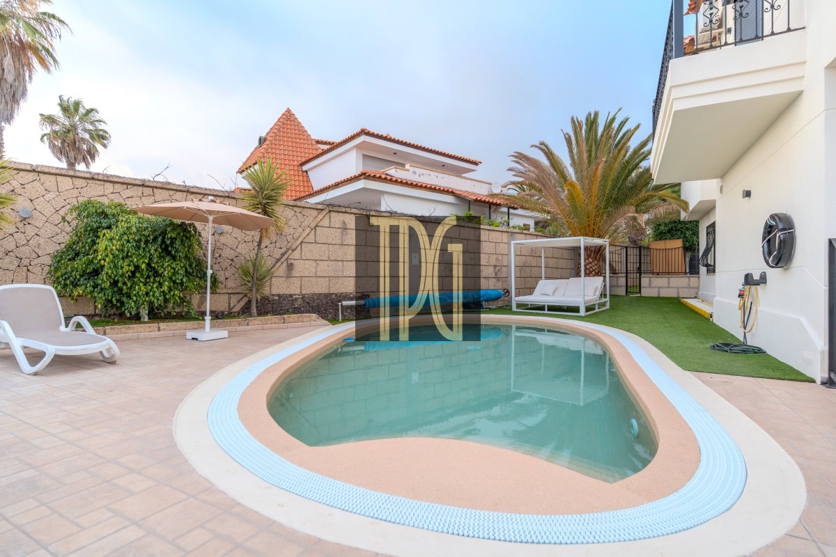 Kidney-shaped pool in a sunny backyard with beige tiled deck, a white lounge chair, umbrella, and palm trees along a privacy wall.