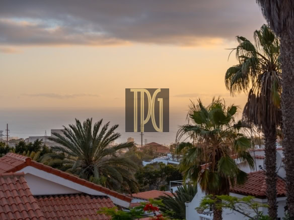 Sunset over a Mediterranean-style neighborhood with palm trees and red-tiled roofs; TDG logo centered in the scene.