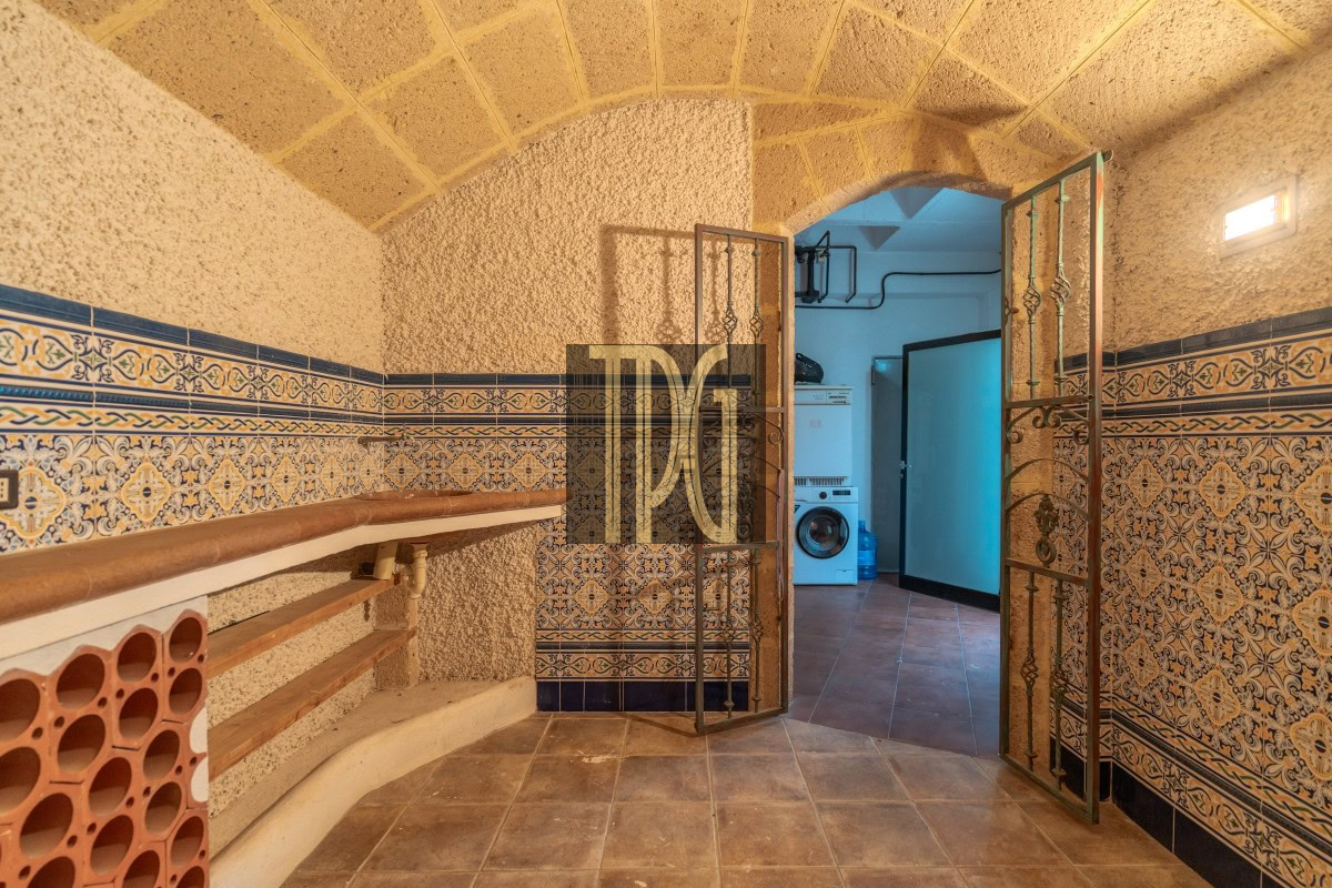 Stone-walled cellar with decorative blue tile border, arched ceiling, and an open metal gate leading to a laundry area with a washing machine in the back.