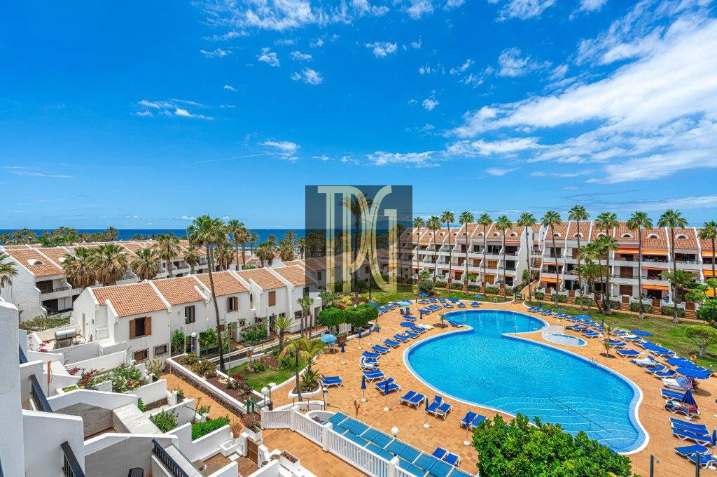 Resort swimming pool surrounded by blue lounge chairs, white buildings with terracotta roofs, and palm trees under a bright blue sky with the ocean in the distance.