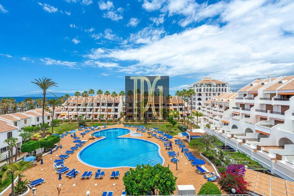 Resort pool area with a curved blue pool, rows of blue loungers, palm trees, and white villa-style buildings.