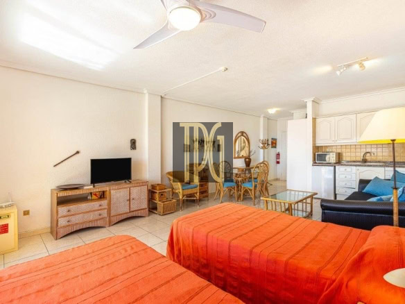 Spacious studio with two orange bedspreads in the foreground, a TV stand, wicker seating, and an open kitchen to the right.