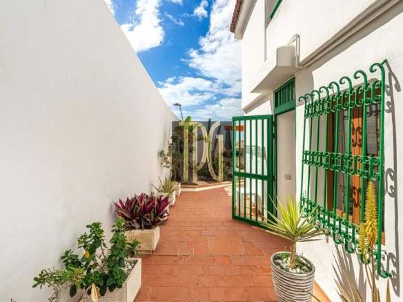 Sunlit narrow brick walkway flanked by white walls, a green gate, and potted plants along the path.