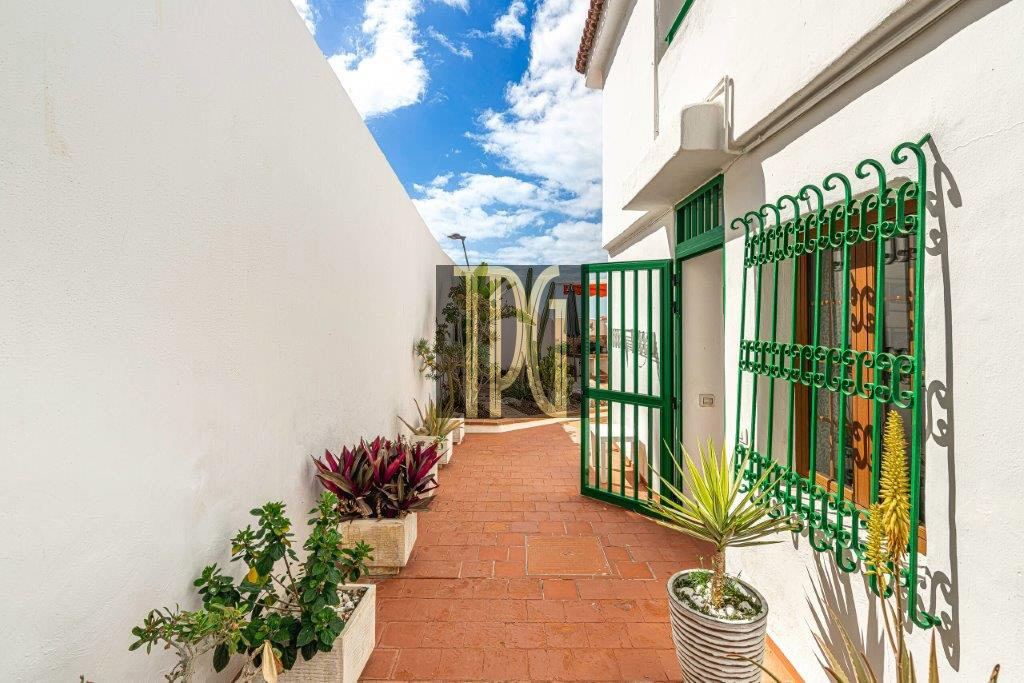Sunlit narrow brick walkway flanked by white walls, a green gate, and potted plants along the path.