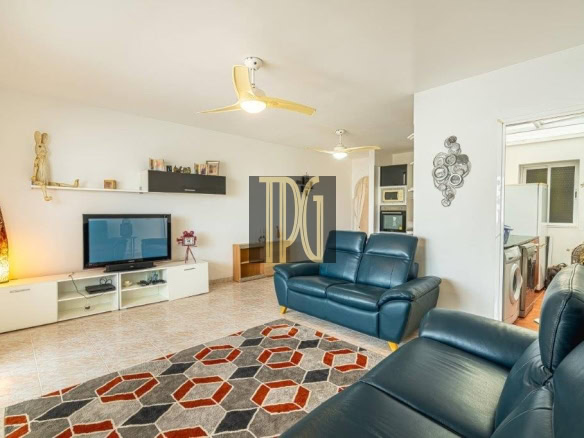 Bright living room with blue leather sofas, a geometric red-gray rug, and a wall-mounted TV on white entertainment unit.