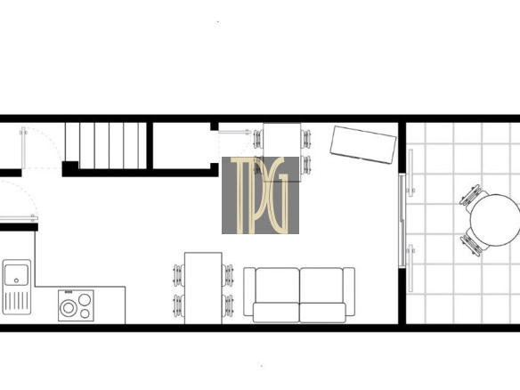 Floor plan of a rectangular apartment: entry on the left, kitchen in the lower-left, dining table near center, sofa in the living area, and a tiled balcony with a round table on the right.