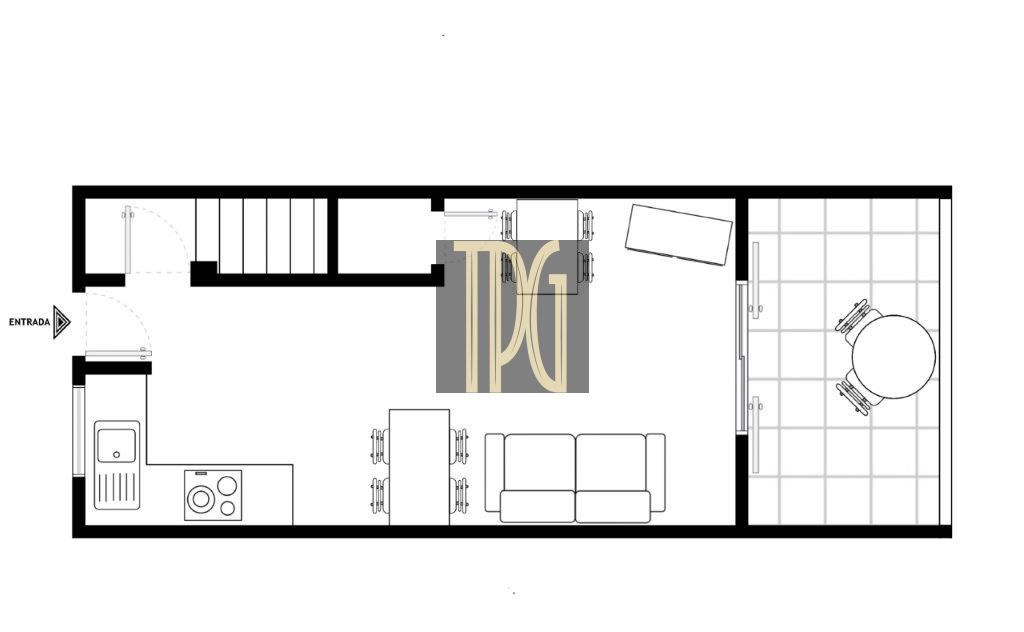 Floor plan of a rectangular apartment: entry on the left, kitchen in the lower-left, dining table near center, sofa in the living area, and a tiled balcony with a round table on the right.
