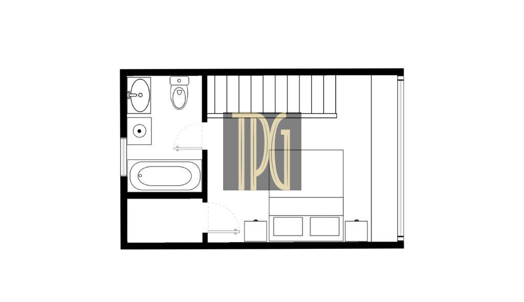 Floor plan of a small apartment: bathroom on the left with tub, sink, and toilet; staircase in the center; living/sleeping area on the right with a sofa and storage.