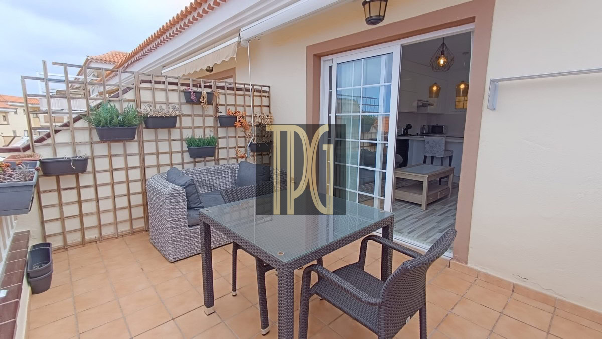 Terrace with wicker dining set and glass table, potted plants on a wooden trellis wall, sliding door to indoors.