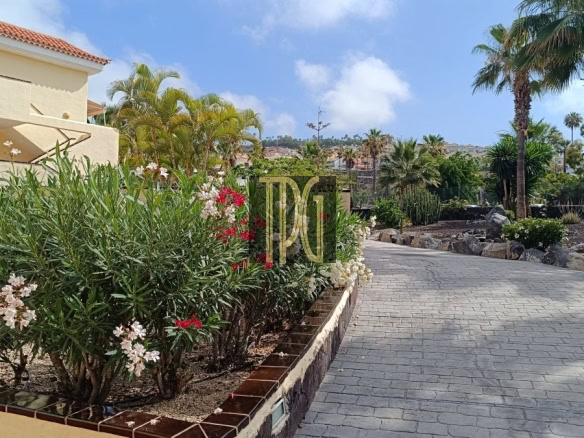 Sunny residential entrance with a stone-paved driveway, palm trees, and a beige house on the left.