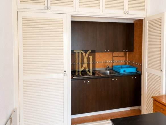Compact kitchenette framed by white louvered doors, with dark wood cabinets, a sink, and a blue dish rack on the counter.
