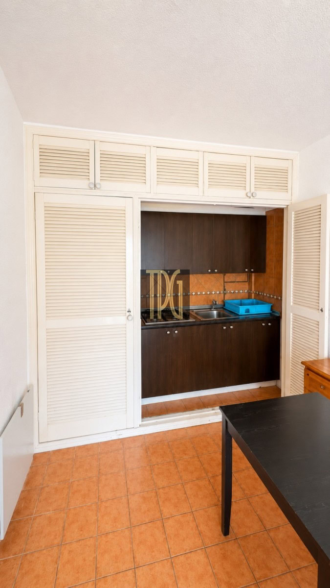 Compact kitchenette framed by white louvered doors, with dark wood cabinets, a sink, and a blue dish rack on the counter.