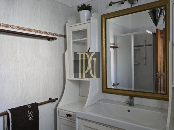 White bathroom vanity with sink, storage cabinets, and a gold-framed mirror; a small white cabinet with a glass door sits beside it, topped by a potted plant.