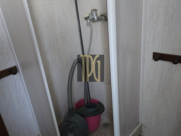 Shower stall containing cleaning supplies: a vacuum cleaner, pink bucket, and mop leaning inside the enclosure