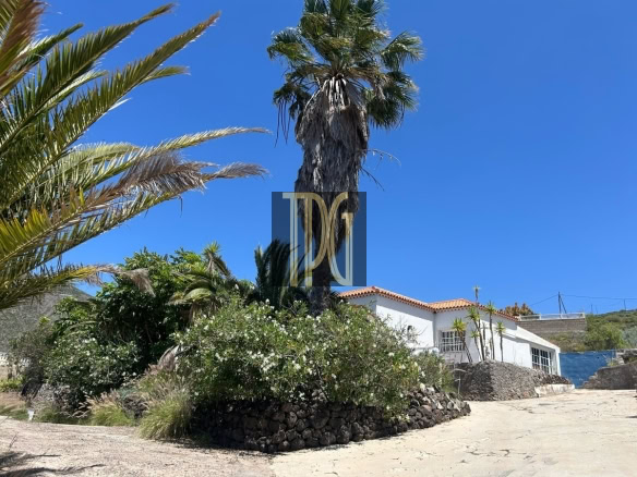 White single-story house with an orange-tiled roof, surrounded by palms and a stone retaining wall under a bright blue sky.