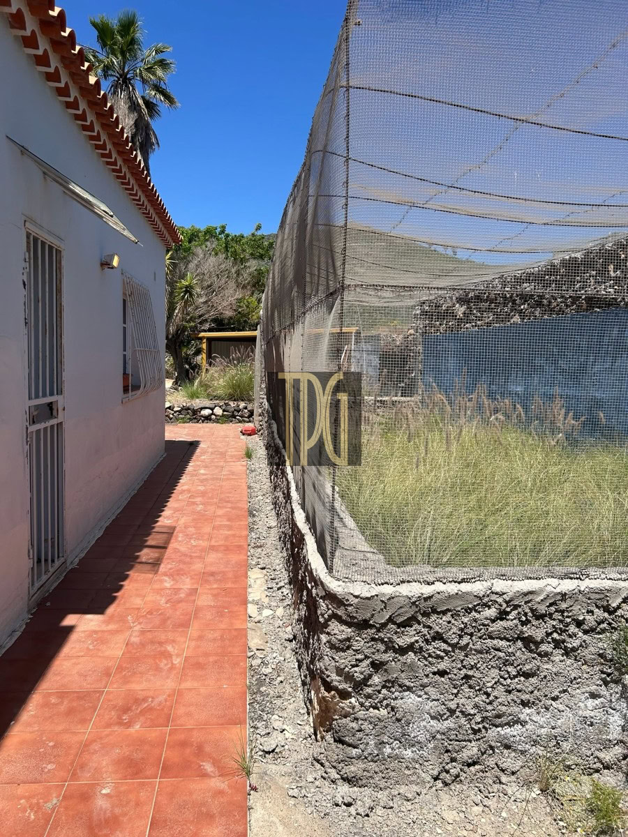Narrow outdoor path between a white building with a red-tiled roof and a mesh-enclosed fenced area under a blue sky.