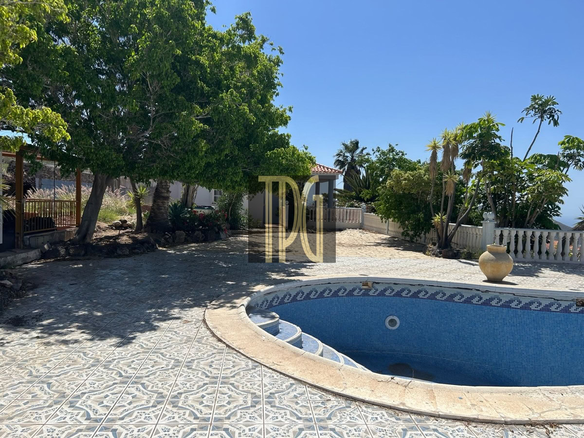 Sunlit backyard with an empty blue-tiled pool surrounded by patterned tile decking, trees, and a white railing fence.