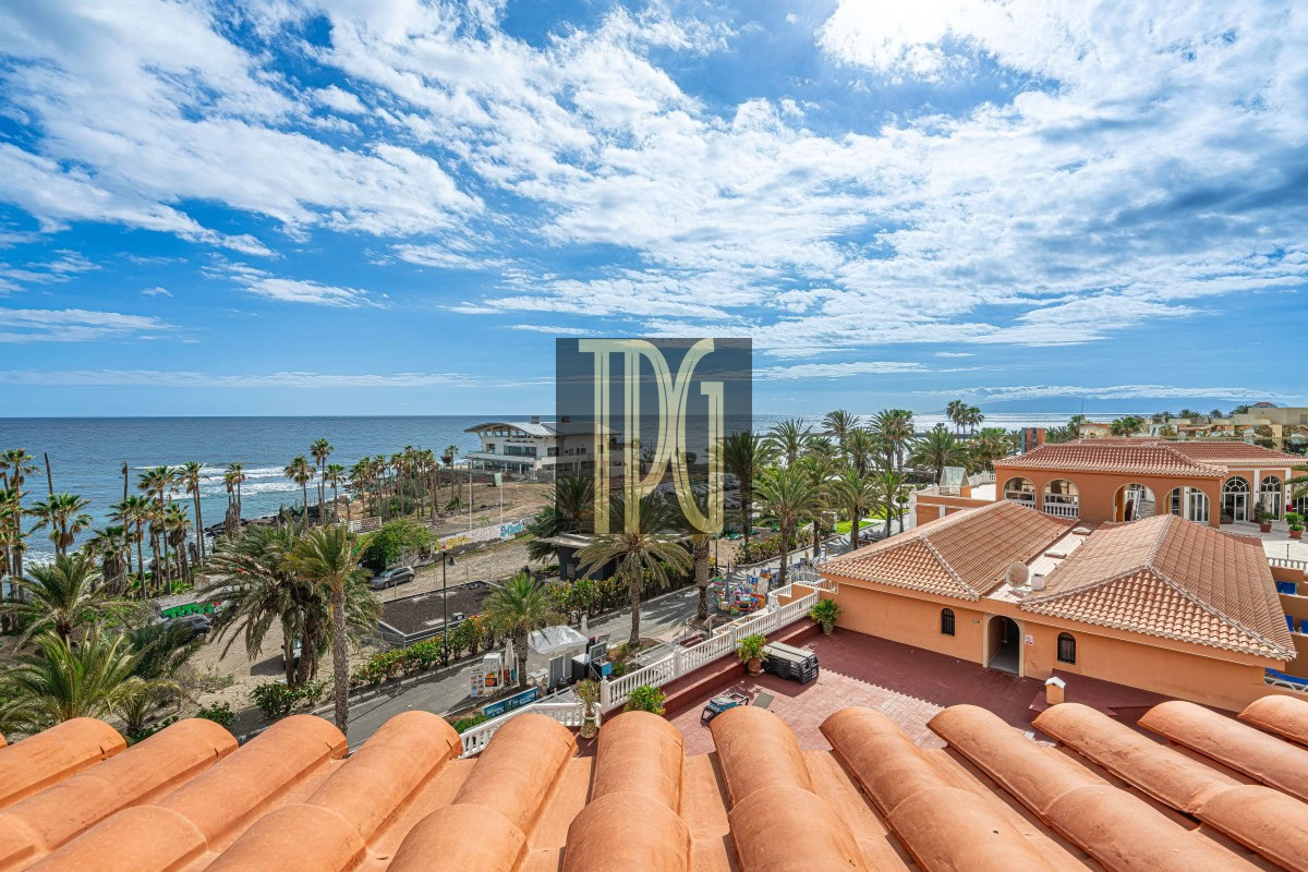 Coastal town view with terracotta rooftops, palm trees, and the blue ocean under a partly cloudy sky.