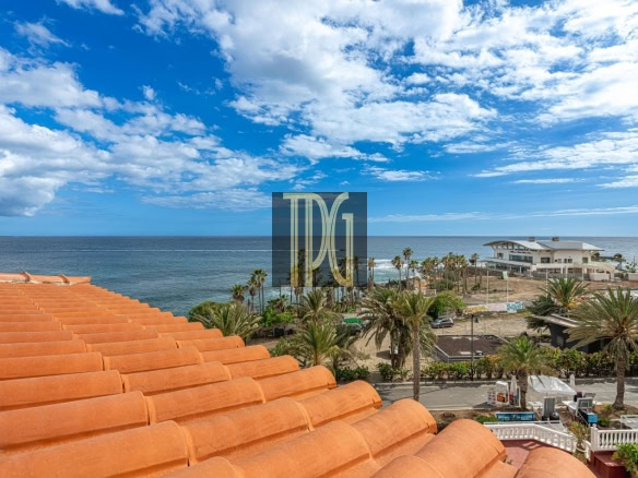 Orange tiled roof in foreground with palm trees, ocean, and blue sky beyond the coast town