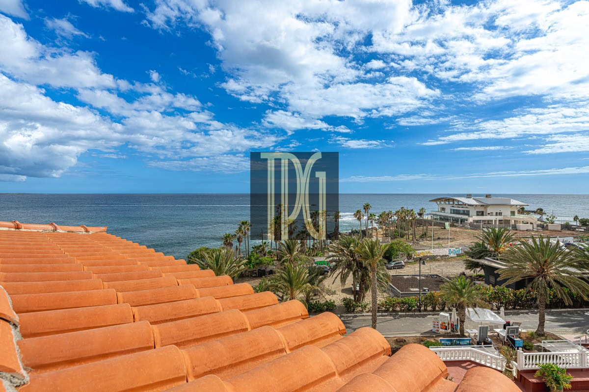 Orange tiled roof in foreground with palm trees, ocean, and blue sky beyond the coast town