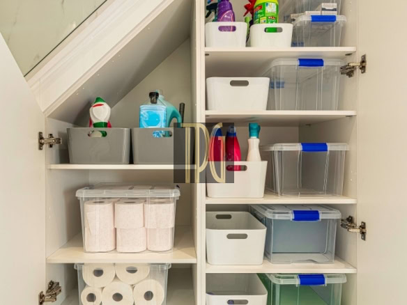 Open under-stair closet neatly organized with spray bottles, toilet paper rolls, and clear plastic containers on white shelves.