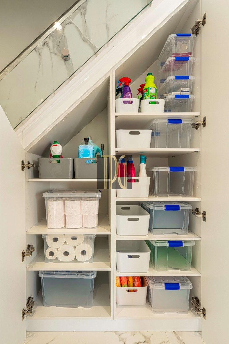 Open under-stair closet neatly organized with spray bottles, toilet paper rolls, and clear plastic containers on white shelves.