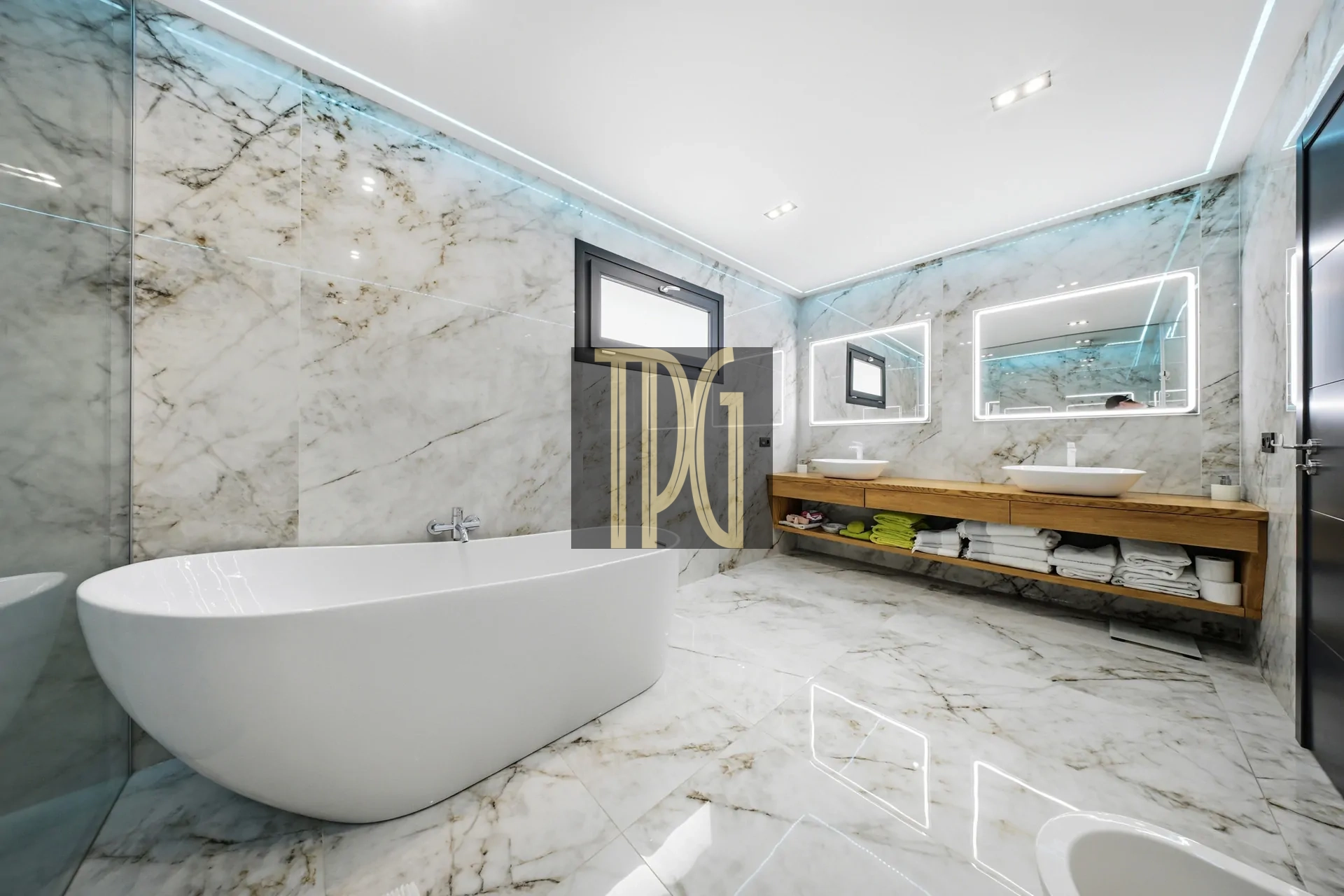 Luxurious marble bathroom with a freestanding white tub, glass shower, and double sinks on a wooden vanity.