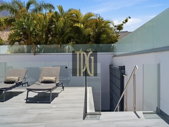 Modern rooftop terrace with two gray lounge chairs, glass railing, and palm trees against a clear blue sky.