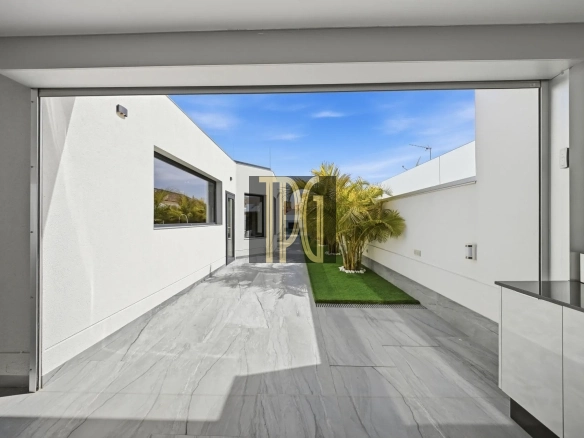 Interior view of a modern kitchen opening to a white courtyard with a palm tree, green lawn, and blue sky beyond.