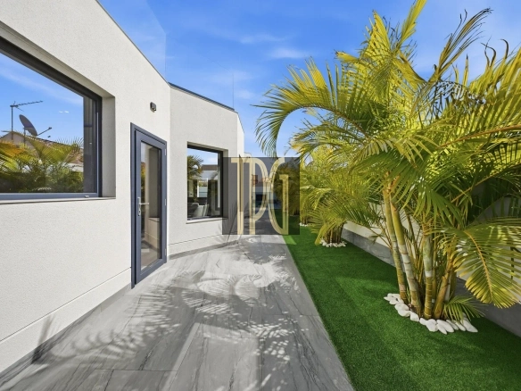 Modern white house exterior with gray-framed doors and windows, a tiled walkway, and tall palm trees along a manicured lawn, under a blue sky.