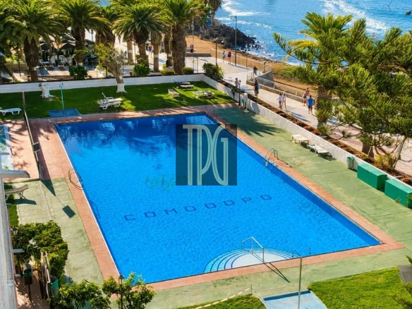 A large outdoor hotel swimming pool surrounded by palm trees, with a rocky coastline and blue sea in the background.
