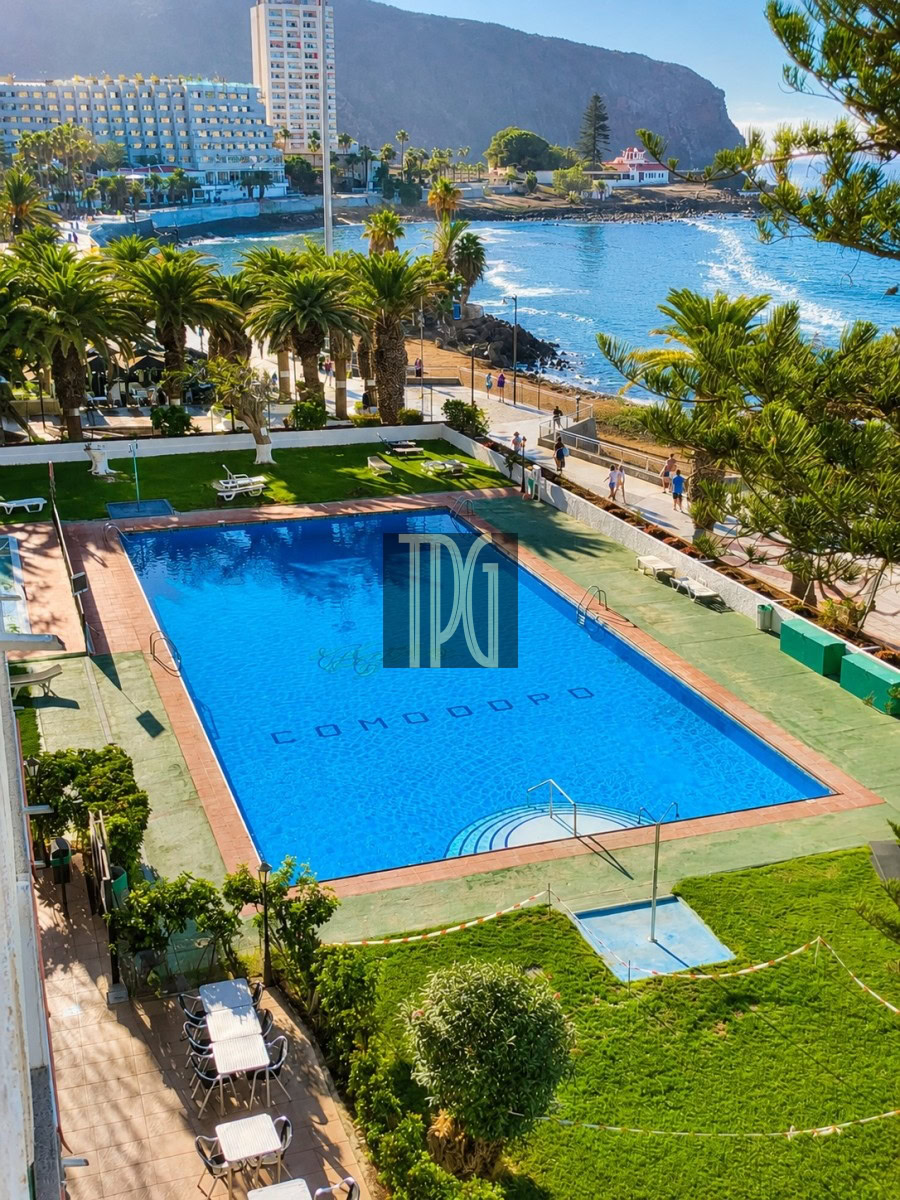 A large outdoor hotel swimming pool surrounded by palm trees, with a rocky coastline and blue sea in the background.
