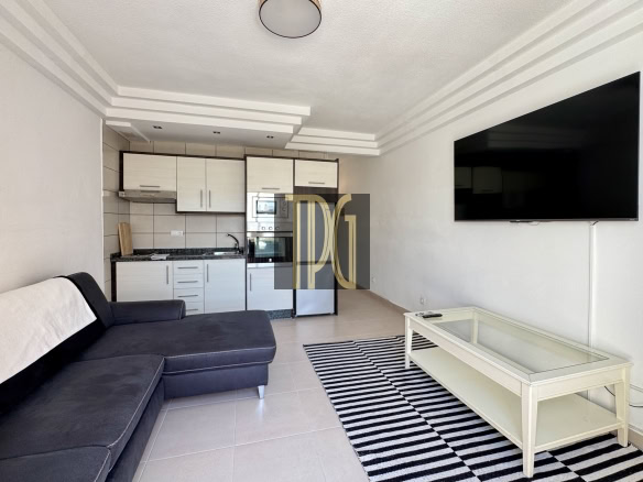 Open-plan living room and kitchen with white cabinetry, stainless steel appliances, and a wall-mounted flat-screen TV, plus a black-and-white striped rug.