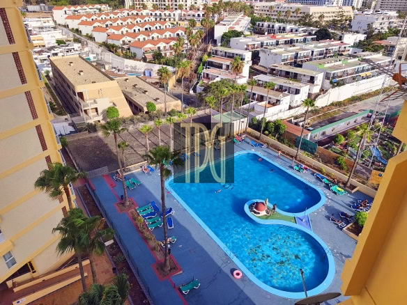 Aerial view of a hotel pool area with a kidney-shaped pool, palm trees, and numerous lounge chairs, surrounded by yellow apartment buildings and a dense neighborhood.