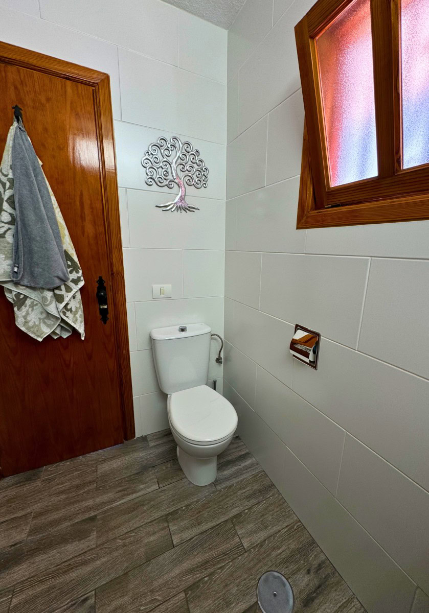 Small bathroom with white toilet near a wooden door; wall art tree and towels hanging on door, frosted window above, and wood-look tile floor.