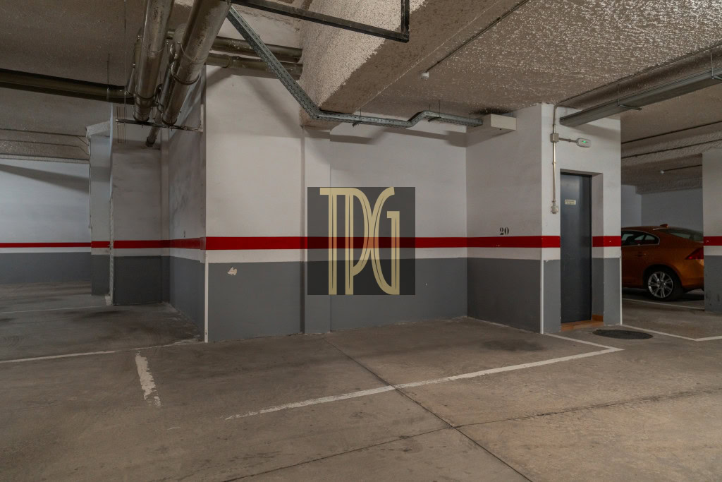 Indoor parking garage with a red stripe along gray-and-white walls, concrete ceiling, and exposed pipes; a gray door labeled 20 and an orange car to the right; centered TDG logo overlay.
