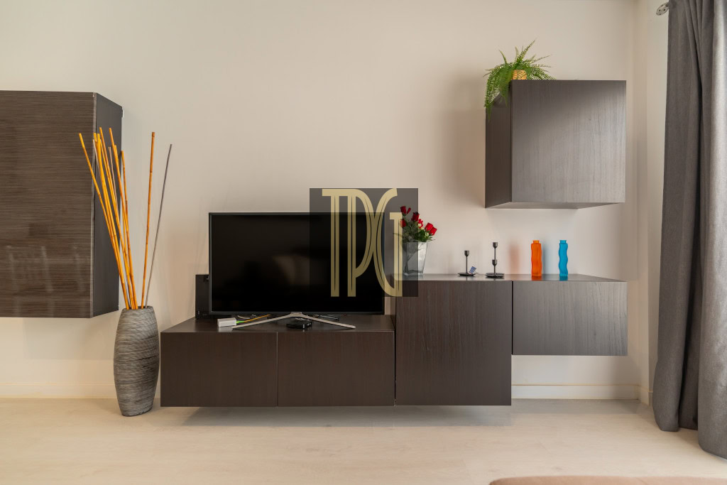 Modern living room setup featuring a dark wood media console, a flat-screen TV, and decorative items including a tall vase with sticks on the left and a plant on a wall cabinet on the right.