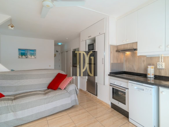 Open-plan living area with a gray striped sofa bed and red cushions beside a white-cabinet kitchen with stainless appliances.