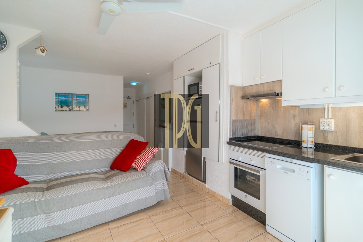 Open-plan living area with a gray striped sofa bed and red cushions beside a white-cabinet kitchen with stainless appliances.