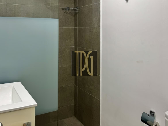Bathroom with gray tiled shower area, frosted glass partition, and a chrome towel rack. A beige vanity with a beige towel hangs nearby; white wall to the right with a small horizontal window and toilet paper holder.