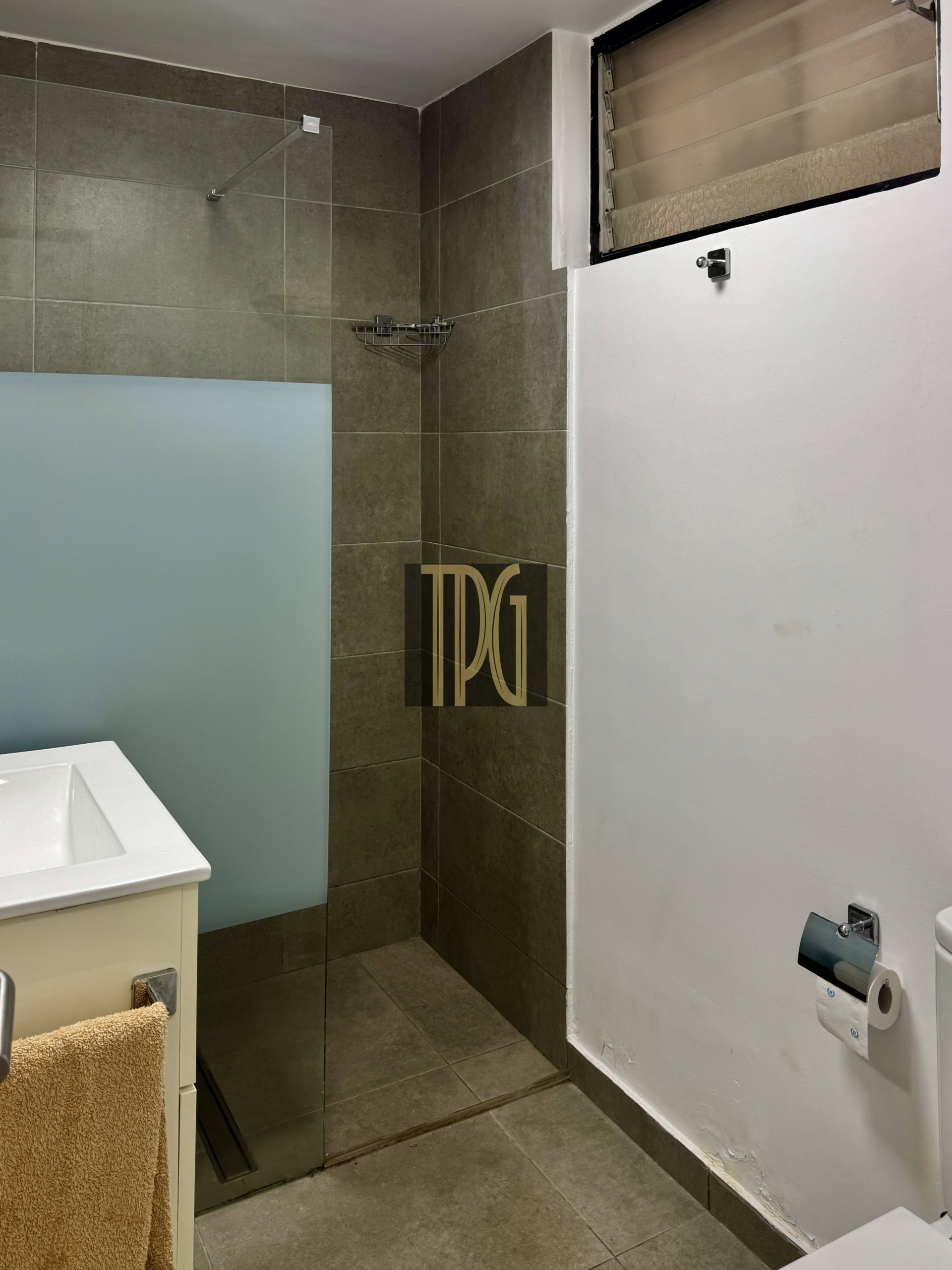 Bathroom with gray tiled shower area, frosted glass partition, and a chrome towel rack. A beige vanity with a beige towel hangs nearby; white wall to the right with a small horizontal window and toilet paper holder.