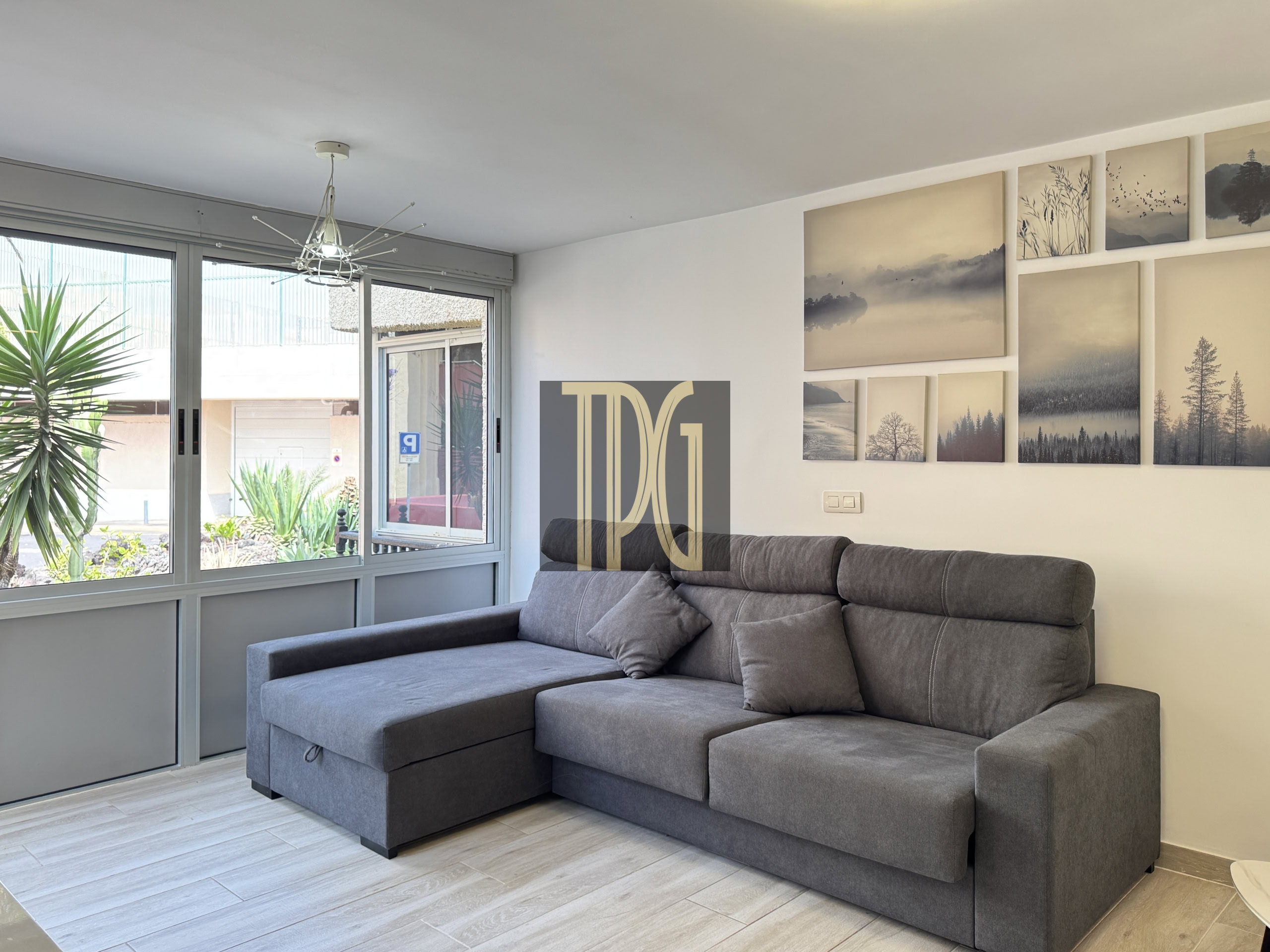 L-shaped gray sofa in a bright living room with a multi-panel nature art wall and large front windows letting in daylight.