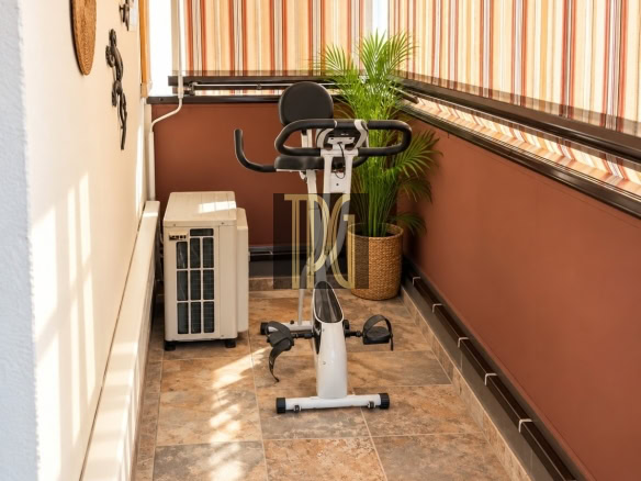 Compact balcony with a stationary exercise bike, a small white outdoor AC unit, and a potted plant beside striped window blinds.