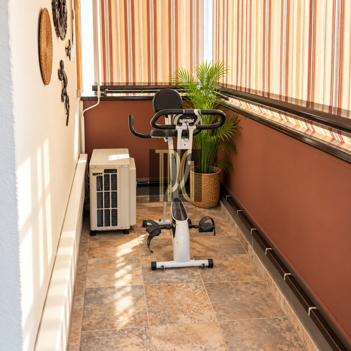 Unknown-3 Compact balcony with a stationary exercise bike, a small white outdoor AC unit, and a potted plant beside striped window blinds.