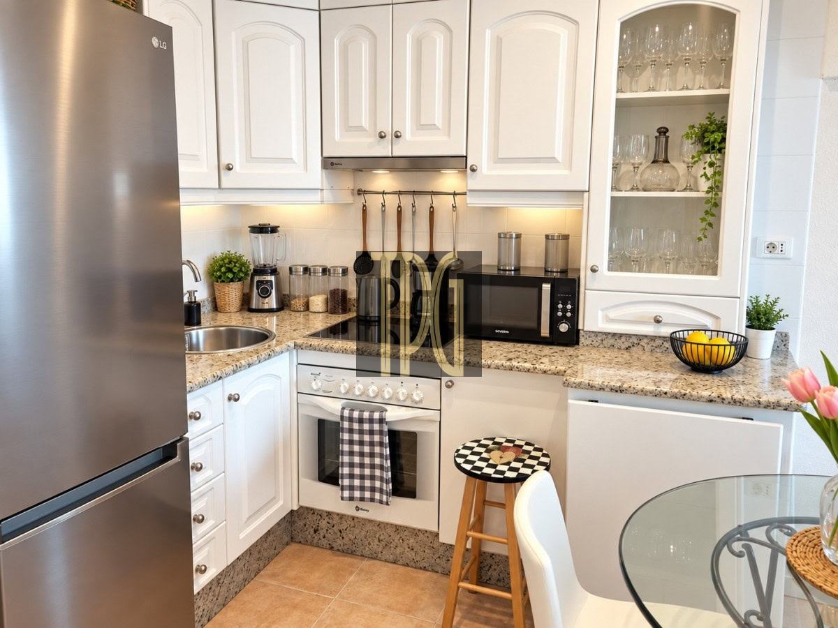 Unknown-4 Modern L-shaped kitchen with white cabinets, stainless steel fridge, gas stove, and microwave on a granite countertop.