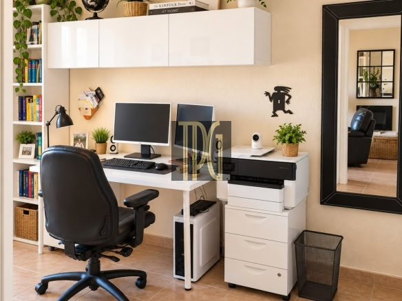 Modern home office with a white desk, dual monitors, and an ergonomic black chair surrounded by plants and storage.