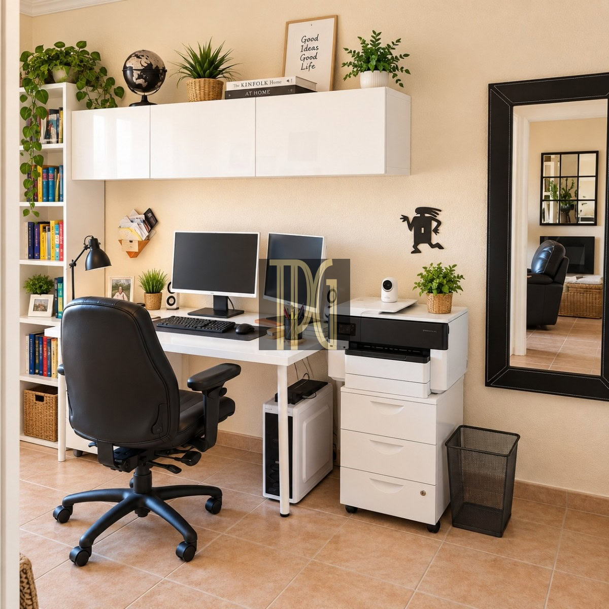 Unknown-6 Modern home office with a white desk, dual monitors, and an ergonomic black chair surrounded by plants and storage.