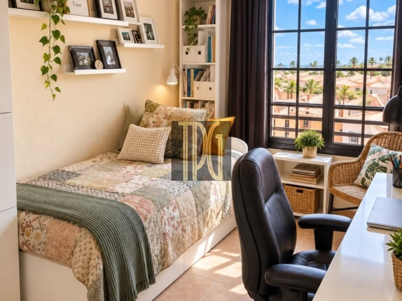 Cozy bedroom and study nook with a patchwork bed, white shelves, and a large window showing palm trees outside.